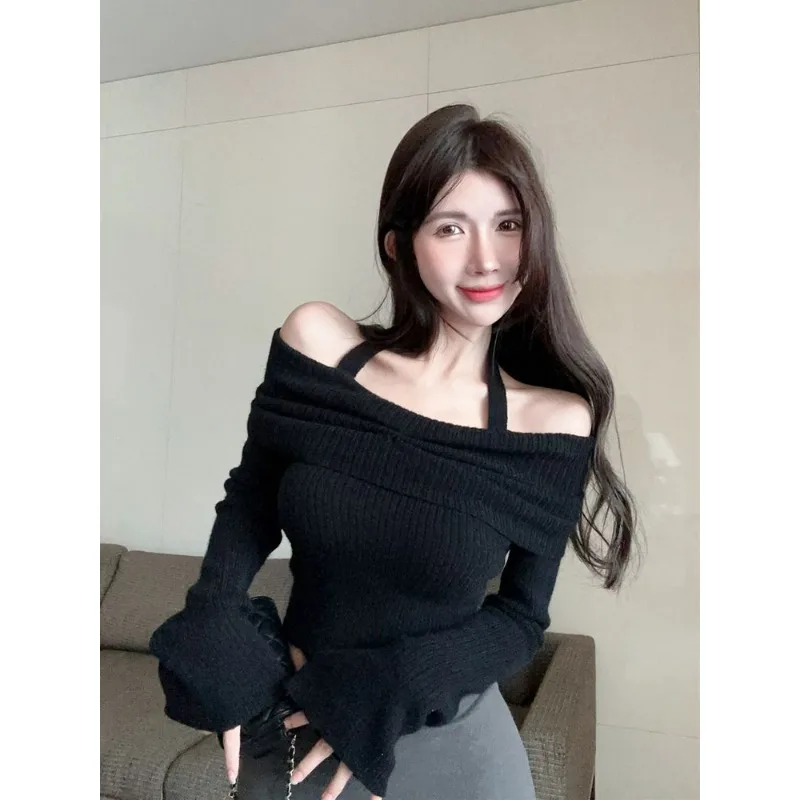 Temperament Celebrities Halter Sweater Knitted Pullovers Women's Autumn Winter Long Sleeves Slim Fit Sexy Cropped Top