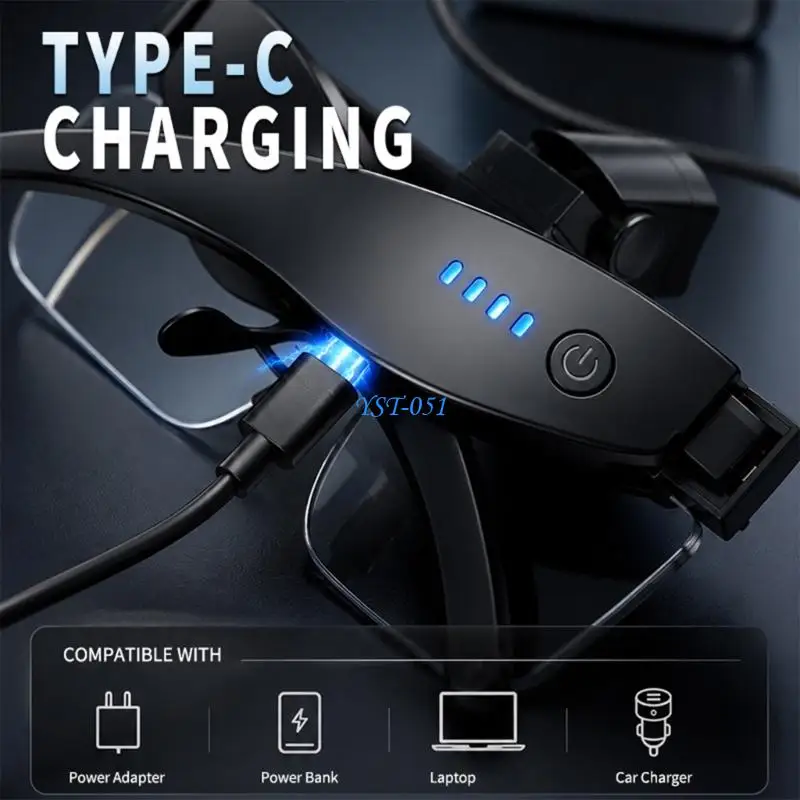 E15A Wearable Task Light Glasses with USB Charging, Side Light Layout, Center Beam Lamp, and Head Band Support for Repair Work