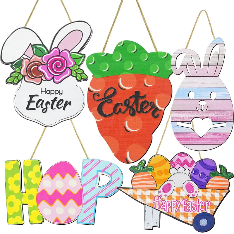 

1pc Happy Easter Wooden Pendants Easter Door Hanging Decoration Cute Bunny Corrat Wooden Plaque Sign For Home DIY Easter Wreath