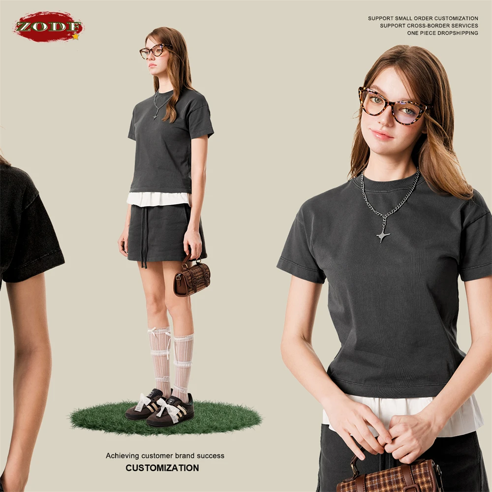 ZODF Vintage 2025 Summer 230gsm Washed 100% Cotton T-Shirts For Women Retro Hotsweet Girls Comfortable T Shirt Tees HY0998