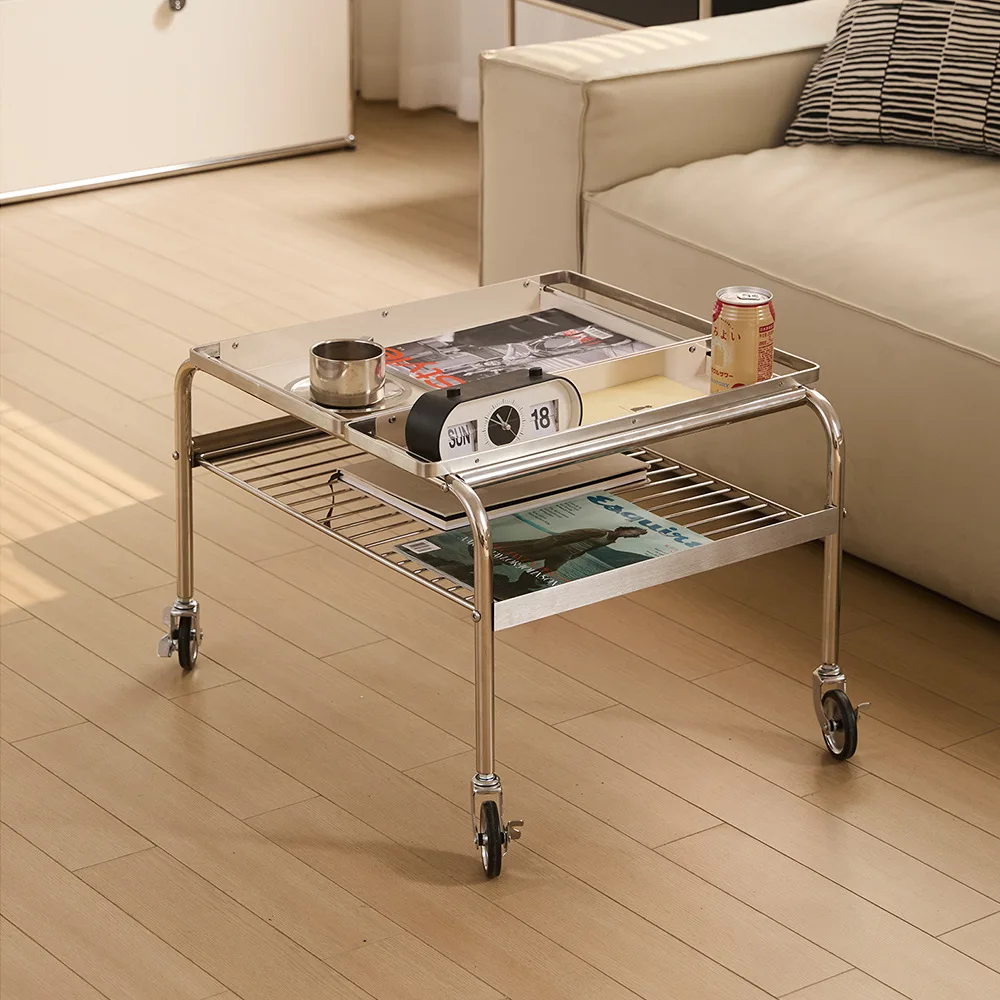 Couch-Seitenregal aus Edelstahl mit Tablett, kleiner Tisch