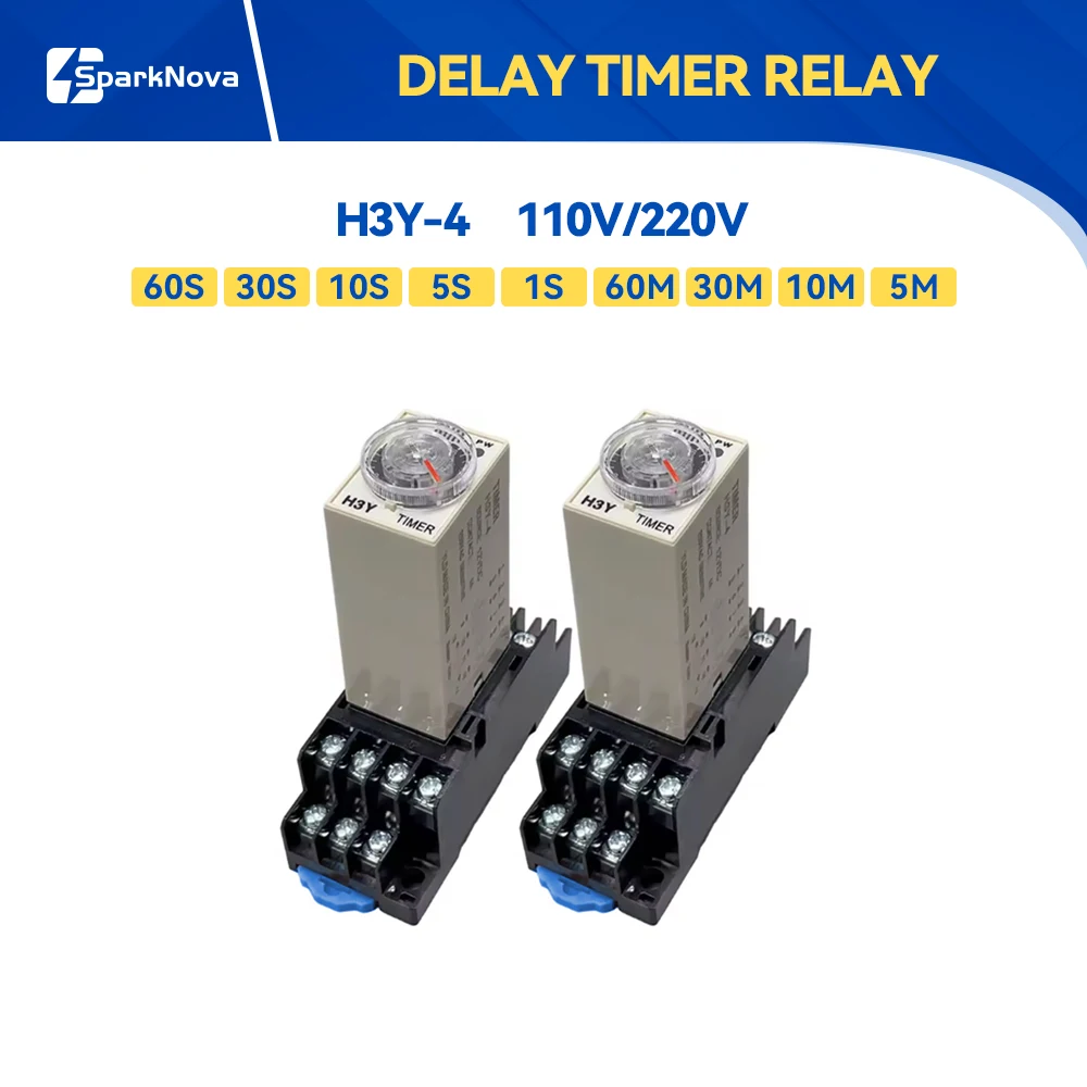 1 Set Rotary Knob Delay Timer Relay DPDT 1S/5S/10S/30S/60S/10M/30M/60M H3Y-4 Time Relay AC 220V with Base Socket Time Switch