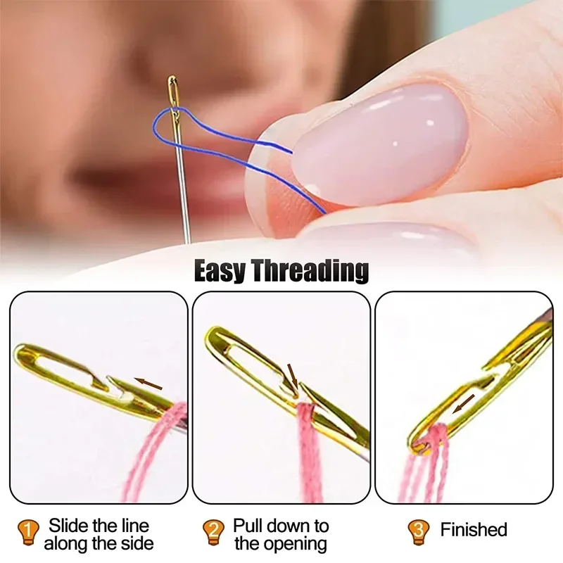 48/12Pcs Blind Sewing Needles Elderly Big Hole Stainless Steel Self Threading Needles Hand Sewing Embroidery Needle Accessories