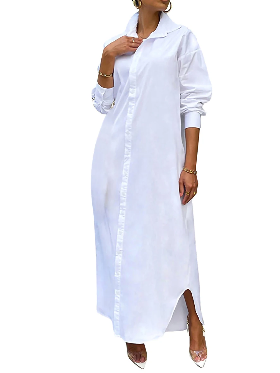 Spring Summer White Long Sleeve Shirt Dress Women Turn-down Collar Button Up Straight Maxi Dress Loose Casual Dresses Vestidos