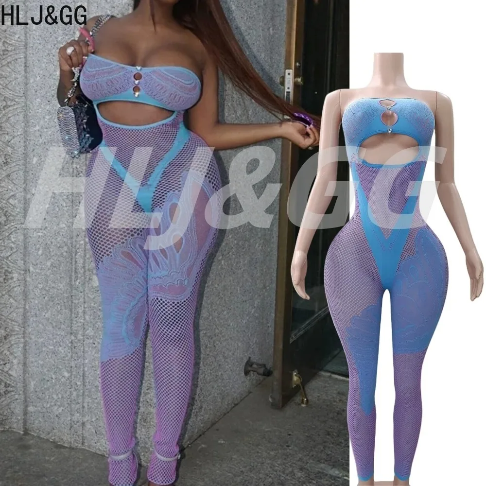 

HLJ&GG Sexy Off Shoulder Hollow Out Bodycon One Piece Jumpsuits Women Sleeveless Backless Slim Playsuit Fashion Stretchy Overall