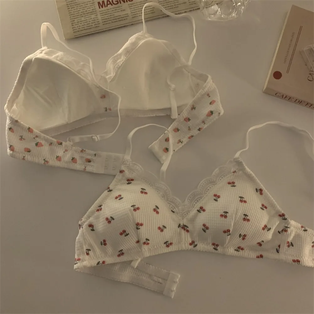 Small Cherry Print Bra Summer Plain Simple Solid Color Girl\'s Underwear Seamless Push-up Underwear Women