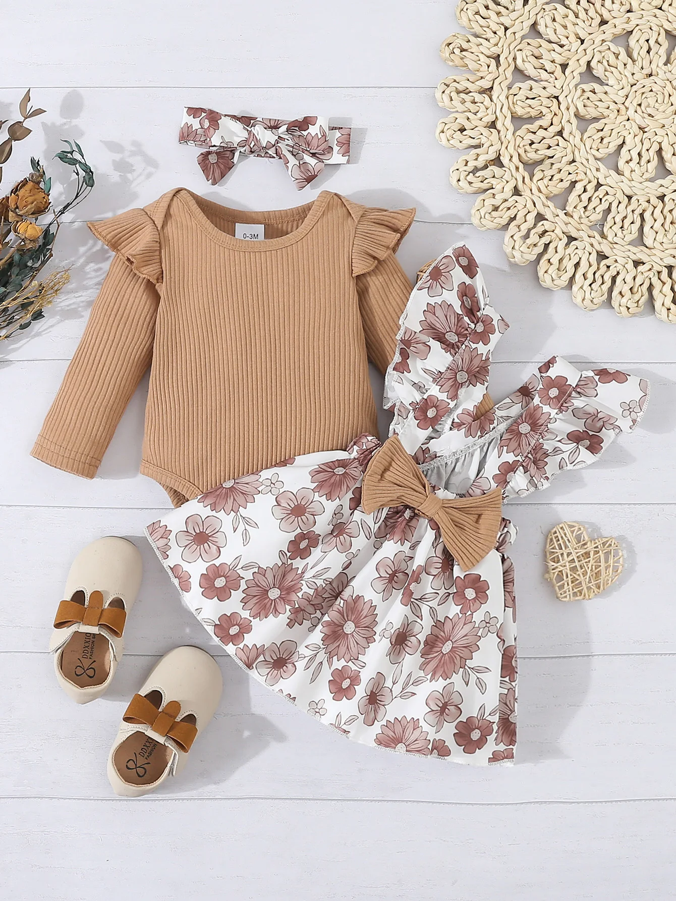 Baby Girls Autumn Brown Pit Strip Small Flying Sleeve Romper Triangle Romper with Flowers ruffles Strap Skirt and Headscarf Casual 3-piece Set