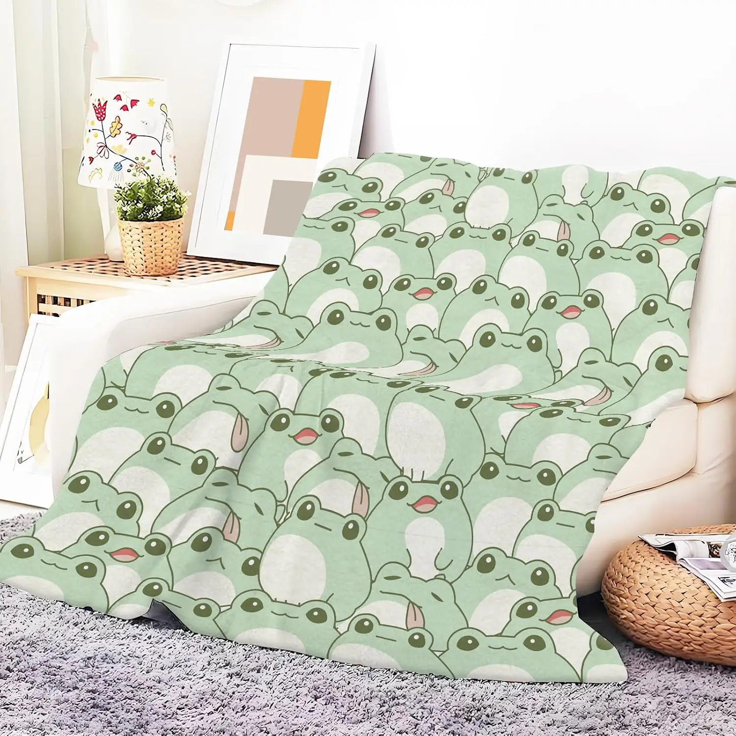 Cartoon Chubby Frog Full Coverage Print Cozy Flannel Blanket Portable Living Room Sweet Warm Comfortable Daily Household Use