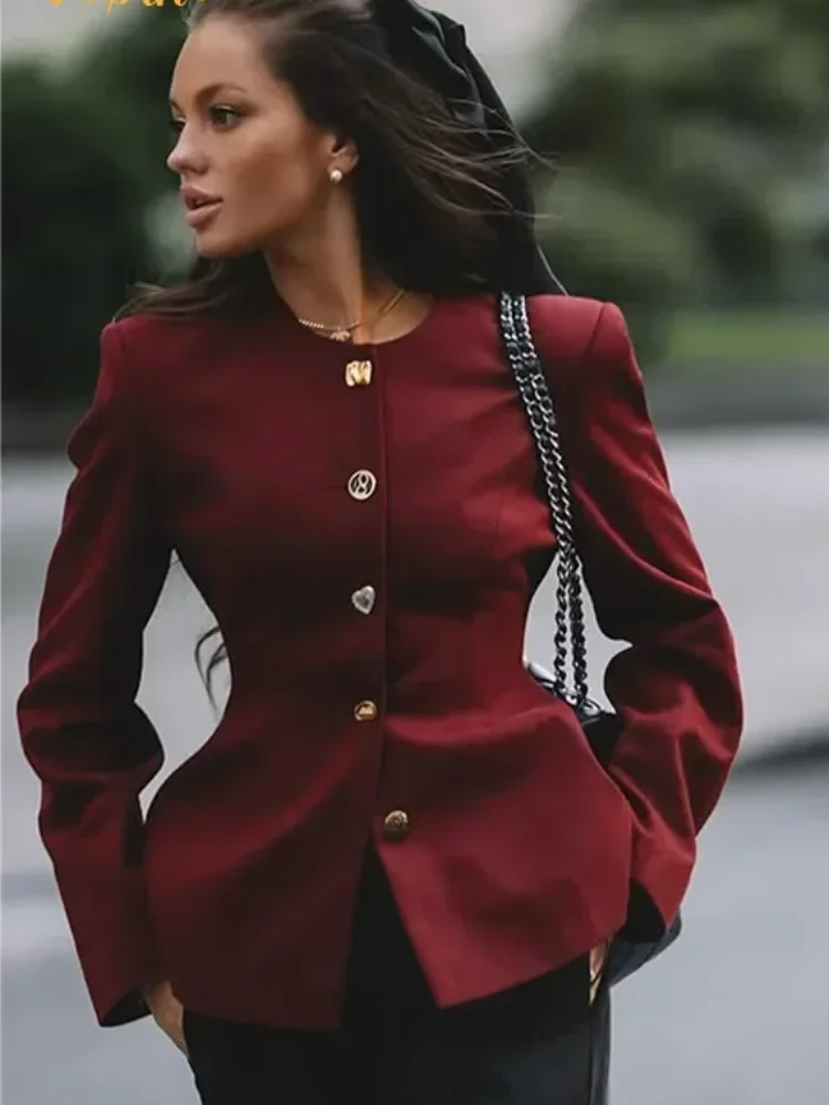 

Women's Waist Cinching Jacket Chic Wine Red Round Neck Long Sleeve Single-breasted Coats Casual Autumn Lady Commuting Outerwears