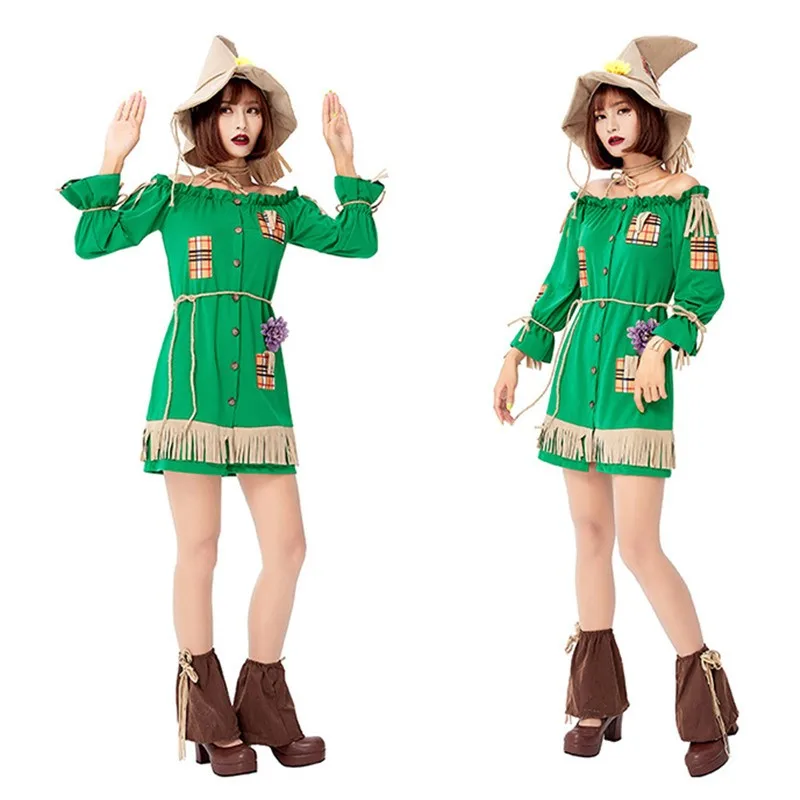 

Halloween Witch Costume Green Wild Goose Chase Straw Doll Makeup Role Play Family Game Outfit Traditional Chinese Stage Costume