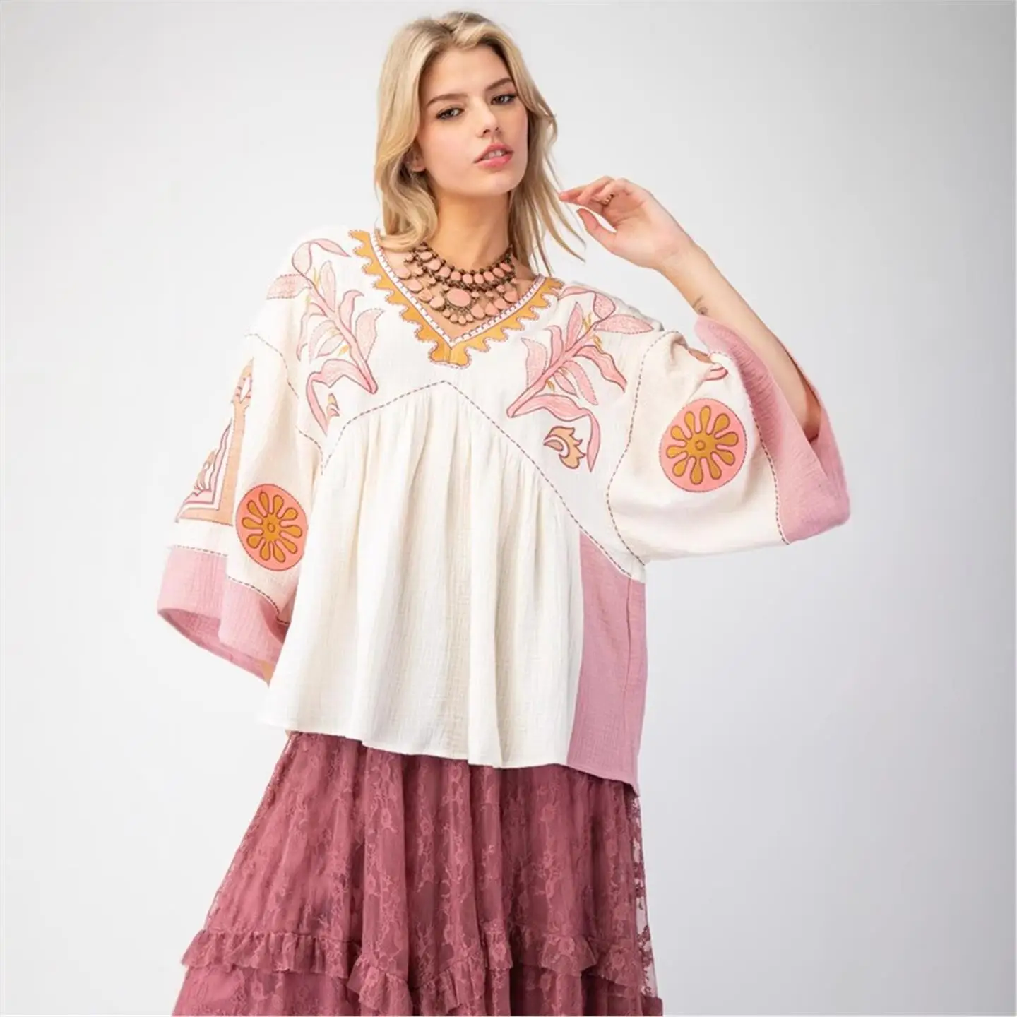 Printemps été nouveau femmes v-ne épissure cloche Sve T-shirt couleur Blo haut ample décontracté européen Sle Seven Sve Long T-s...