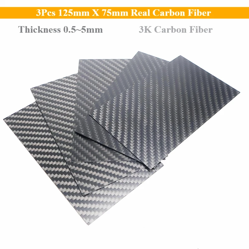 Folhas de painel de placa de fibra de carbono real, 3 peças 125mm x 75mm 0.5/ 1/ 1.5/ 2/ 3mm 4mm 5mm de espessura dureza compuesta corte de material