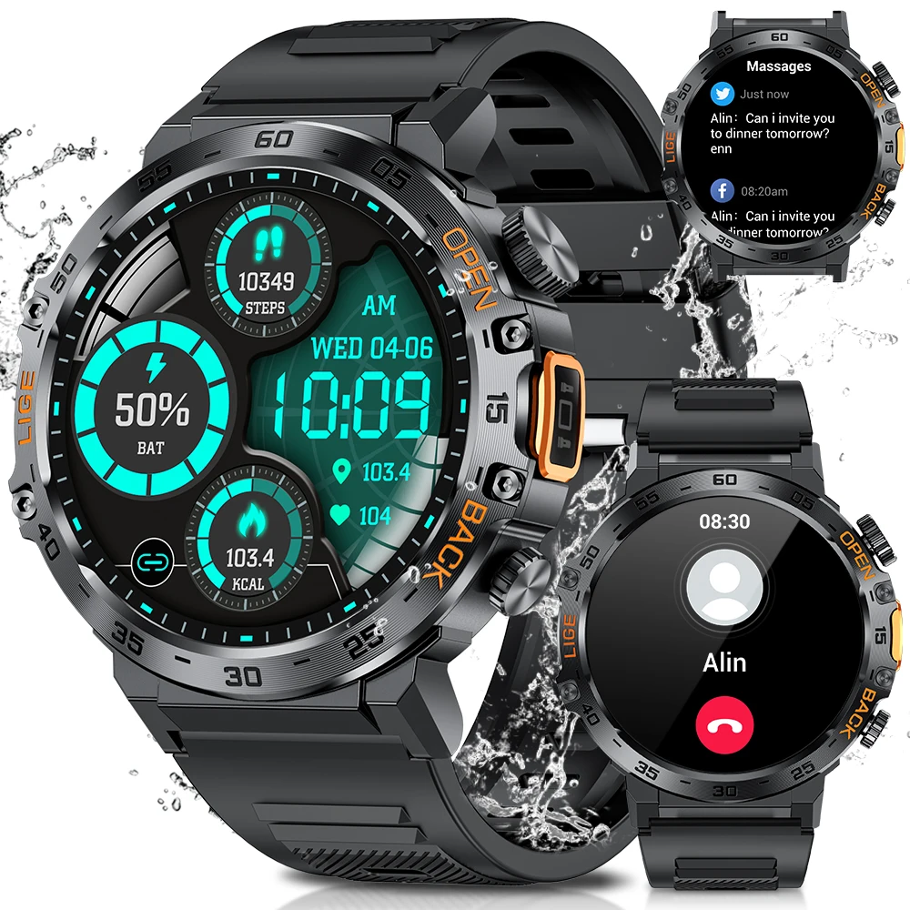 

LIGE 2026 Смарт-часы для мужчин 360*360 HD экран IP68 водонепроницаемые спортивные часы для фитнеса фонарик новые мужские умные часы для Andrio IOS