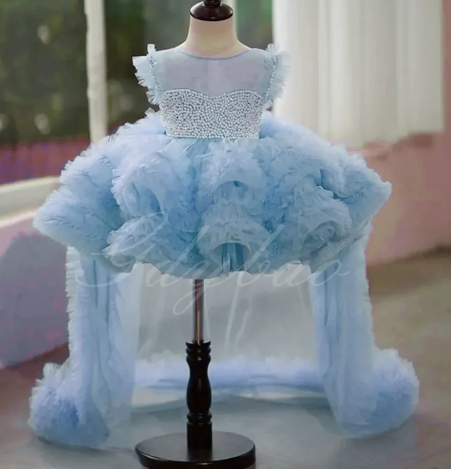 

Sky Blue Flower Girl Dress Puffy Tulle Pearls Princess Kids Party First Birthday Dress Ball Gown Long Train