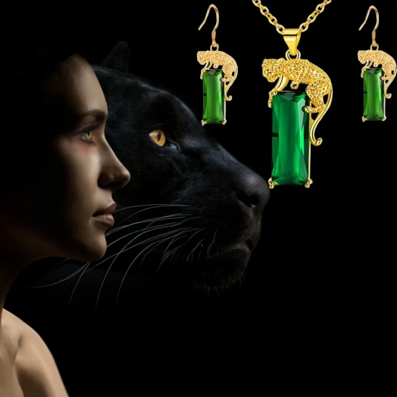 

Trendy Black Leopard Women's Collarbone Necklace and Earrings Set with Green Gemstone - Wholesale Fashion Accessories