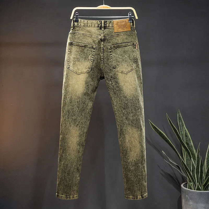 Gele Modderkleur Retro Nostalgische Herenjeans Street Fashion Trends All-Matching En Knappe Slanke Skinny Distressed Broeken