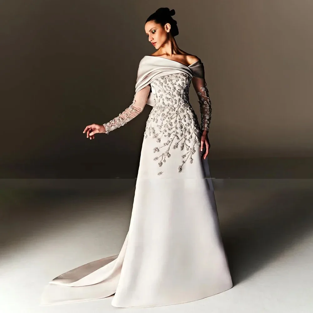 Customized Evening Dresses Beading Appliques Off The Shoulder Light Champagne Evening Gowns Long Sleeves A Line Women's Formal