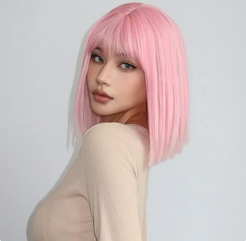 Pelucas Bob cortas y rectas con flequillo, pelo sintético Natural rosa claro para mujeres, pelucas de fibra resistentes al calor para Cosplay diario