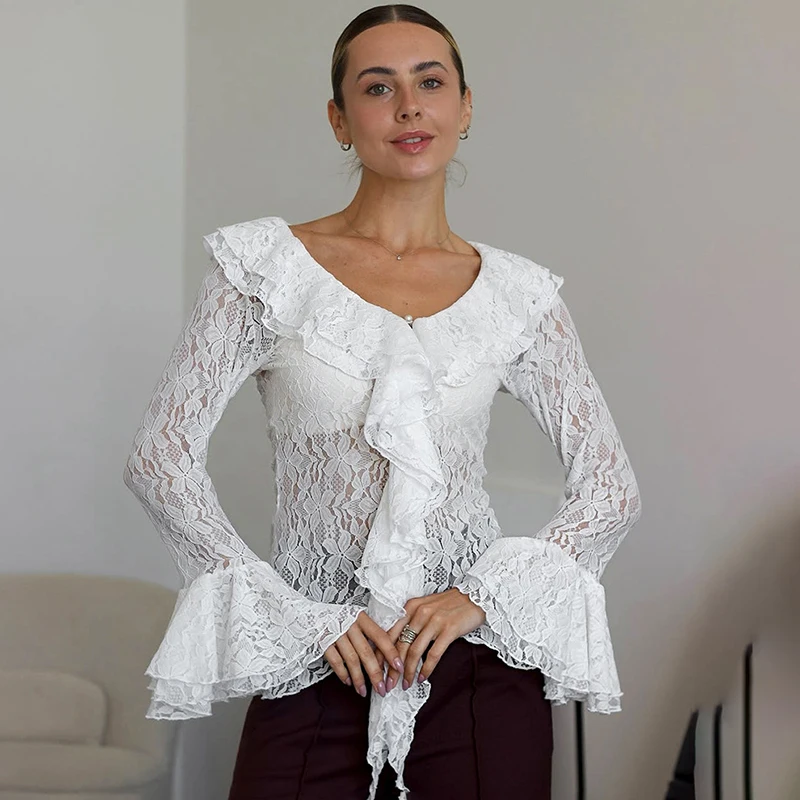 

Tornova Ruffled Lace Long Sleeve T shirt Women's See Through Hollow Sexy Slim Tops Spring 2026 Fashion New Solid Female T shirt