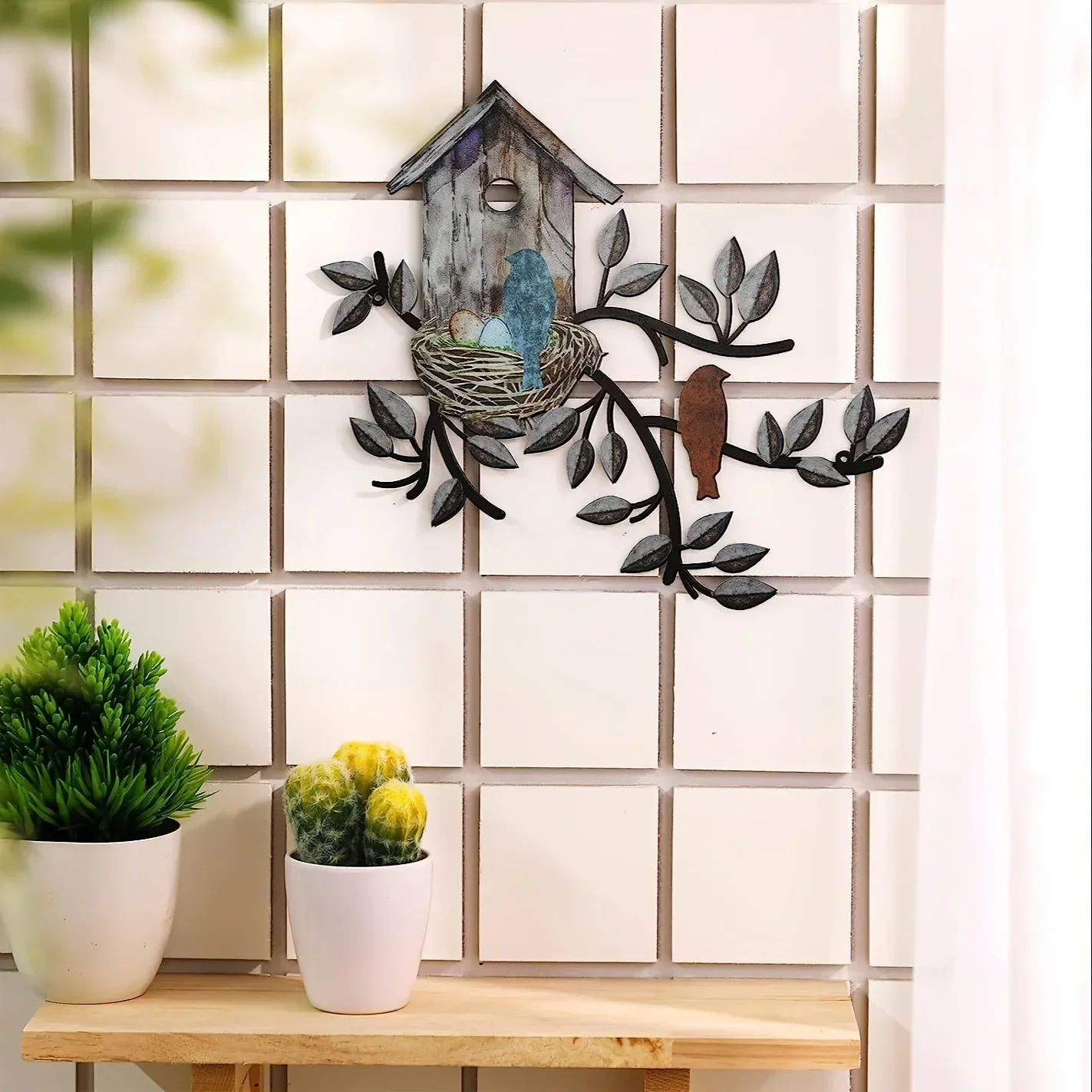 Garden Metal Art Tree with Bird House Home Decoration Tree Branches and Bird Iron Crafts Wall Mount Metal Wall Hanging Sculpture