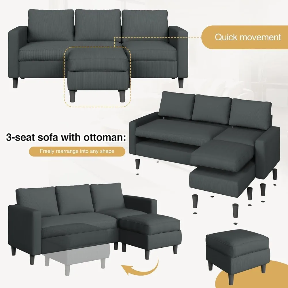 3-Seat Reversible Sectional Sofa with Convertible Ottoman, Modern Ribbed Fabric L-Shaped Couch for Living Room, Customized