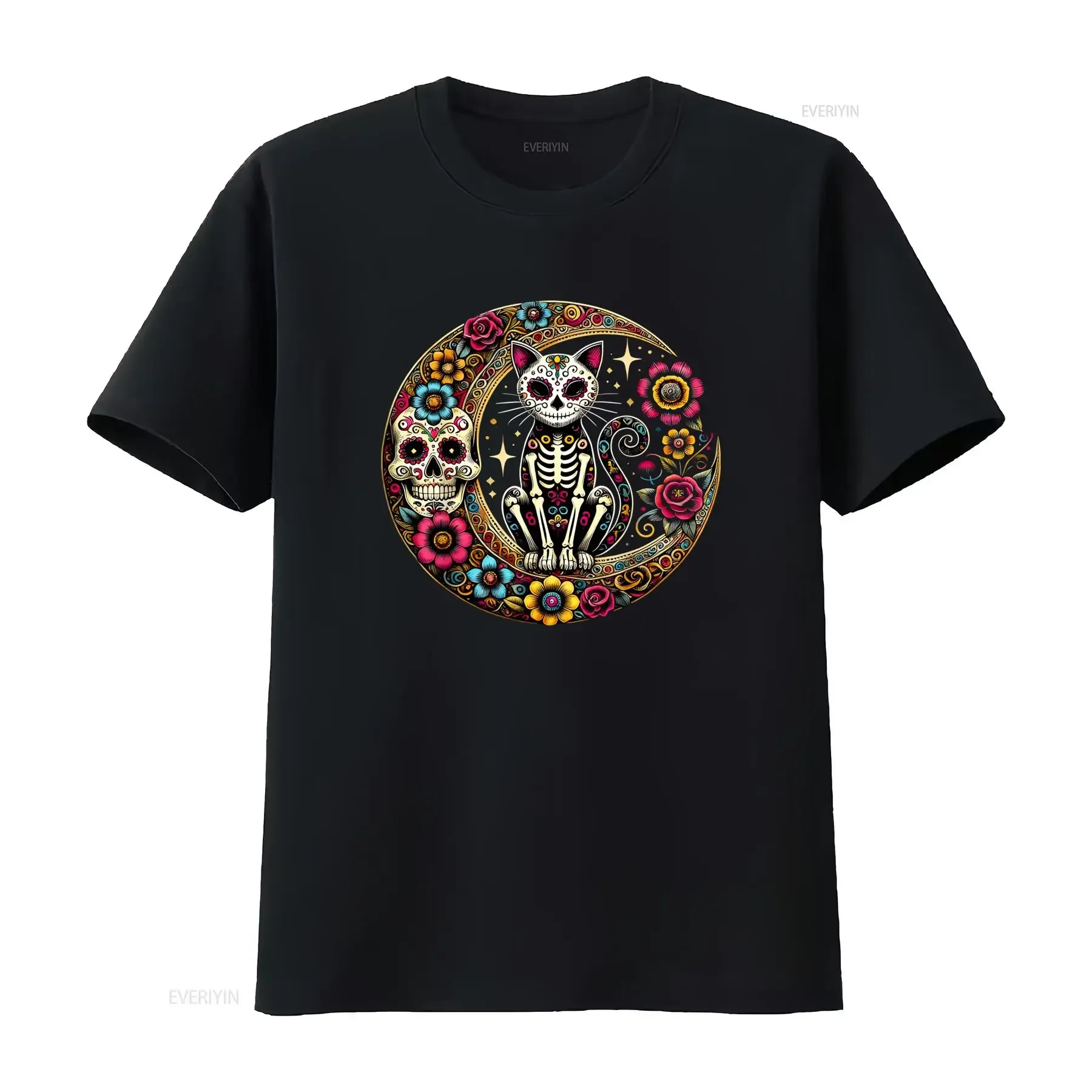 Camiseta Calavera de Azúcar Día los Muertos Cuello Redondo Casual Tejido Ligeramente Elástico Corte Regular Perfecta para