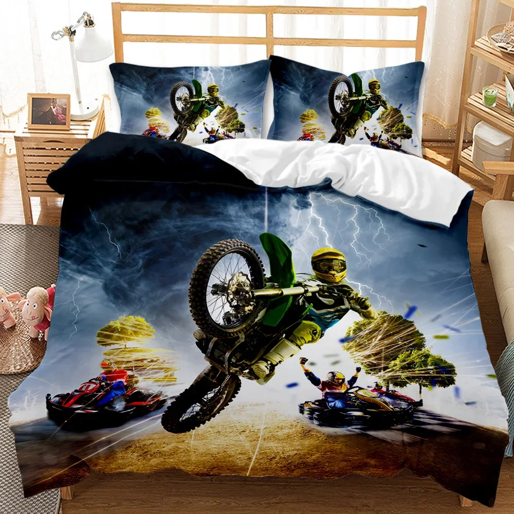 Motorcycle Duvet Cover Set Motocross Racing Bedding Dirt Bike Extreme Sports for Men Teens Boys Kids Polyester Comforter Cover