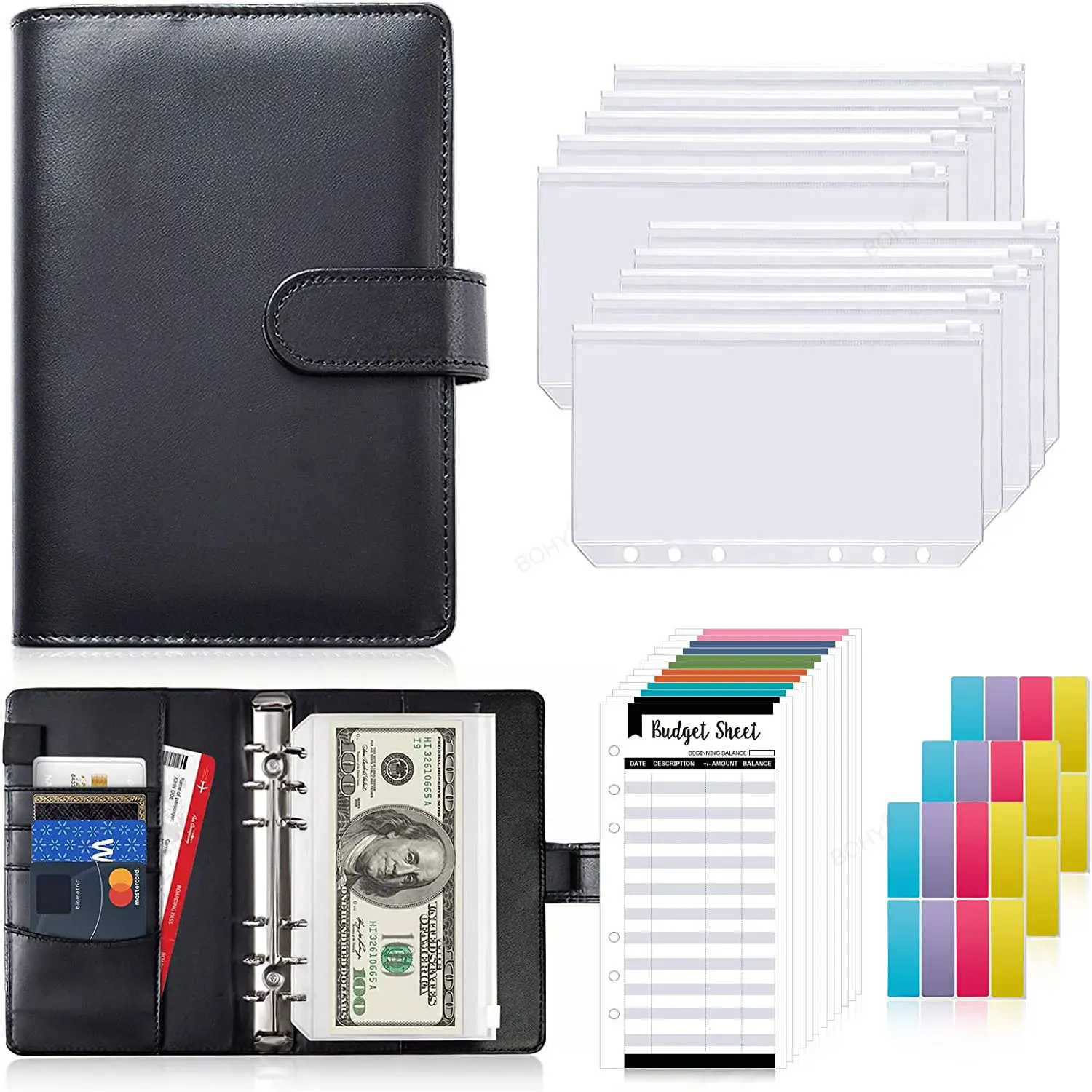 A6 Notebook Cash Envelopes System Set Binder Pockets PU Leather Budget Binder Money Budget Saving Bill Organizer Accessories