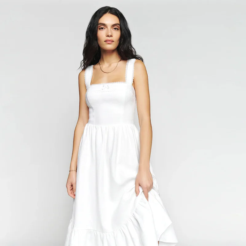 

Spot GoodsN718Summer2025White Square-Cut Collar Vest Slim-Fit Slimming Mid-Length Dress French Style Desire Style