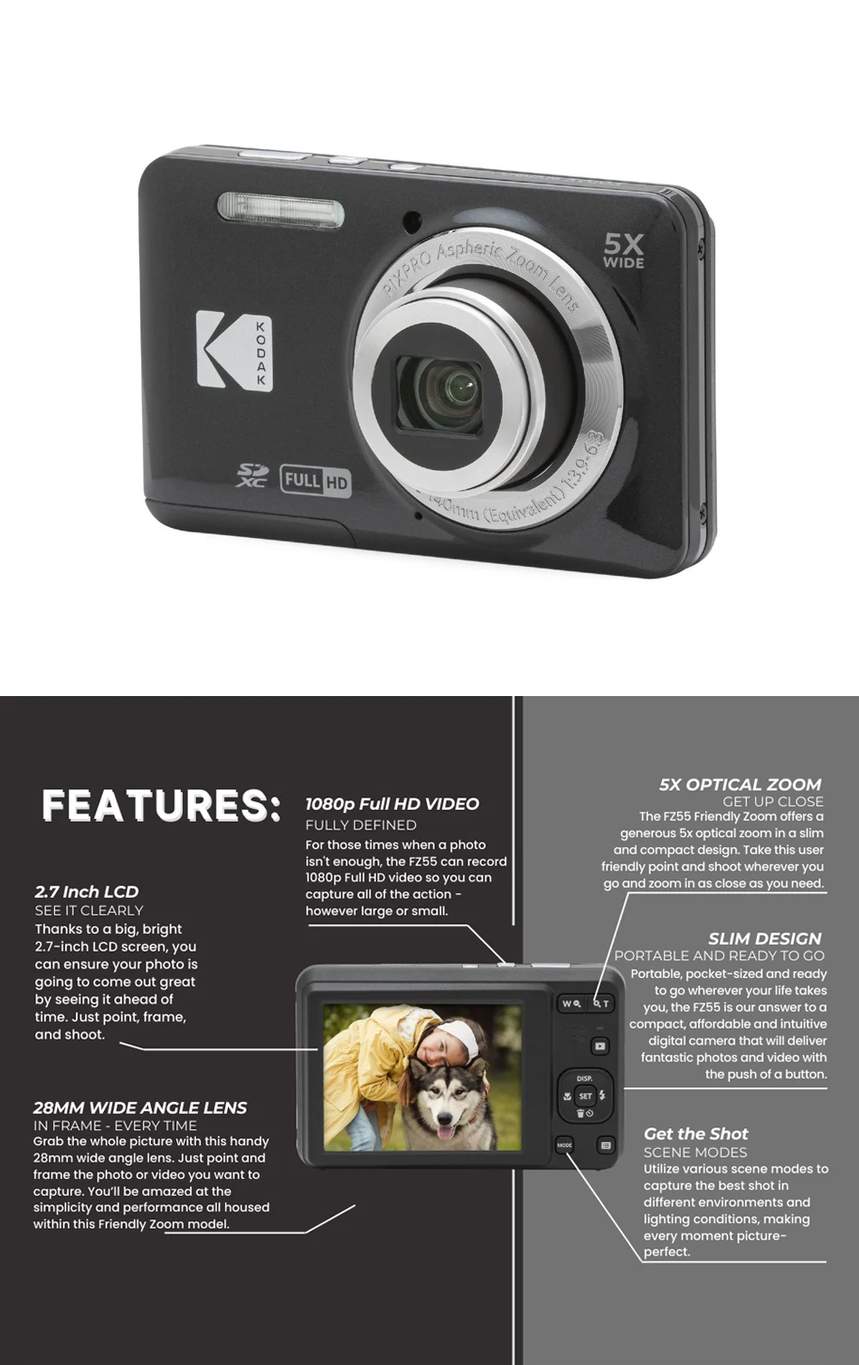 KODAK PIXPRO FZ55 16MP Digital Camera 5X Optical Zoom 28mm Wide Angle 1080P Full HD Video 2.7" LCD Vlogging Camera