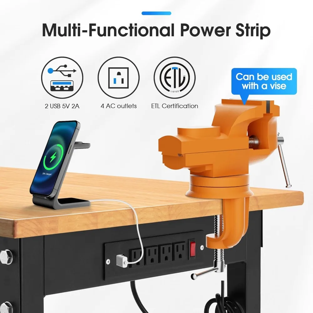 منضدة عمل قابلة للتعديل على عجلات، محطة عمل شديدة التحمل بقدرة 2000 رطل مع منافذ طاولة عمل من الخشب المطاطي للمرآب #2