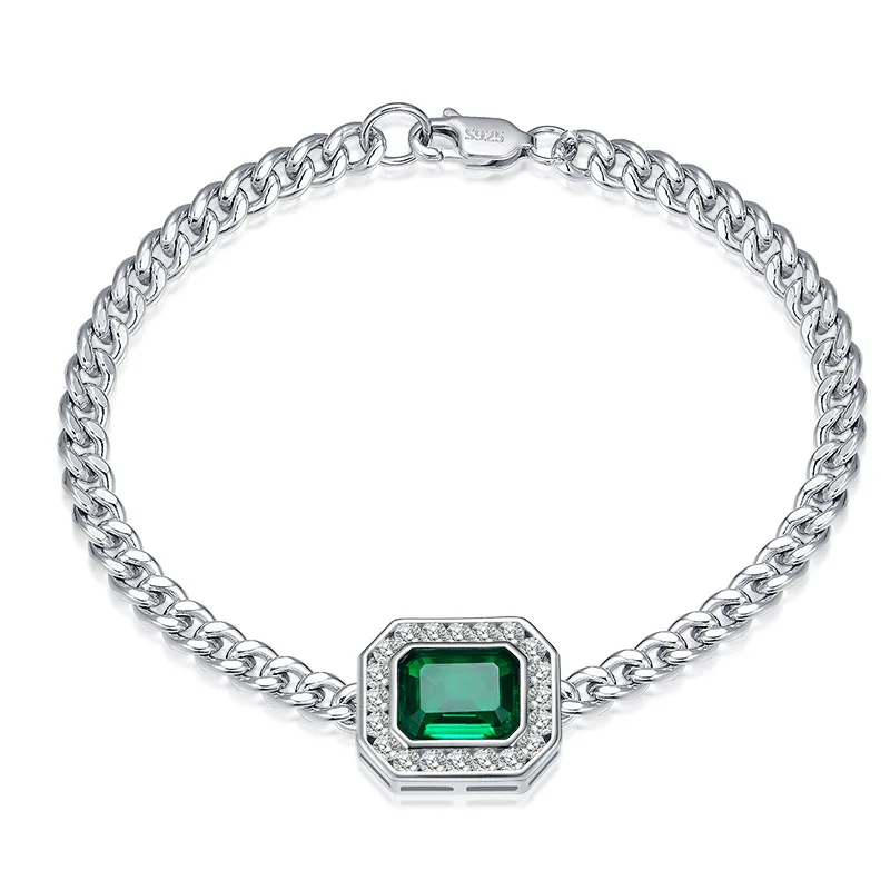 shop Vintage 100% 925 Sterling Silver 8*10MM Emerald Gemstone Fine Cuban Chain Bracelet for Women Jewelry Anniversary Gifts