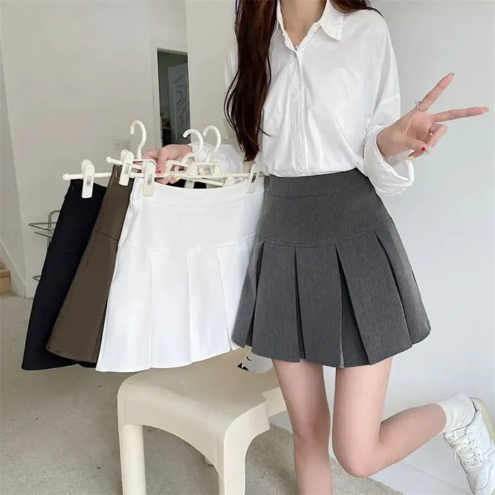 

High Waist Pleated Mini Skirts Y2k Simple Short Dress Preppy Style Skirts Solid Color Skirts with Safety Pants Streetwear