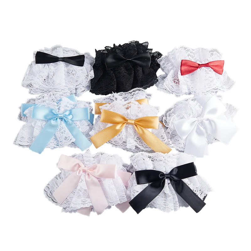 Women Lolita Hand Sleeve Wrist Cuffs Ruffled Lace Bowknot Maid Cosplay Bracelet