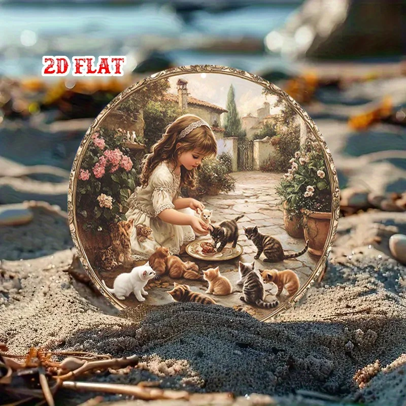 Vintage Round Aluminum Wall Art—A Charming Metal Sign Featuring a Cat and Garden Scene, Perfect for Country-Style Home Decor