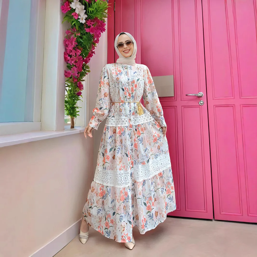 Printemps mode musulmane Abaya Vintage tunique décontracté robe mi-longue femmes lanterne manches Empire Patchwork imprimé évider robe en dentelle