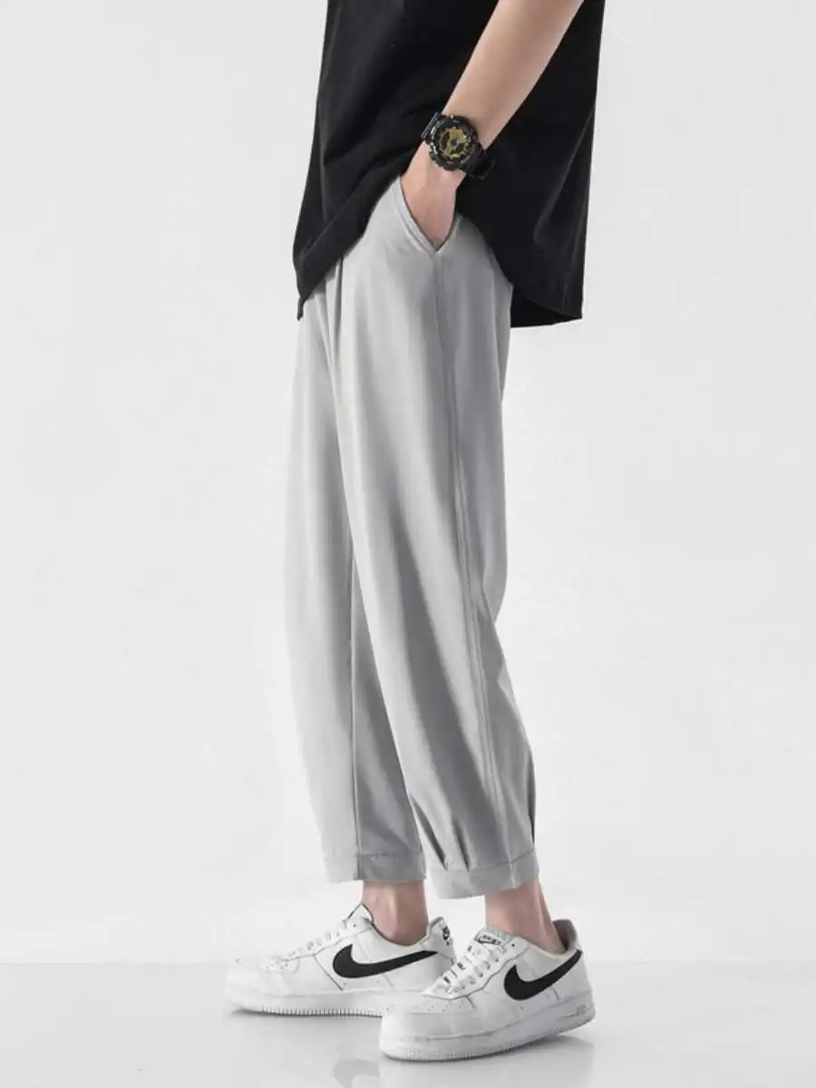 

Мужские повседневные брюки из ледяного шелка, свободные, прямого кроя, летние, молодежные, трендовые