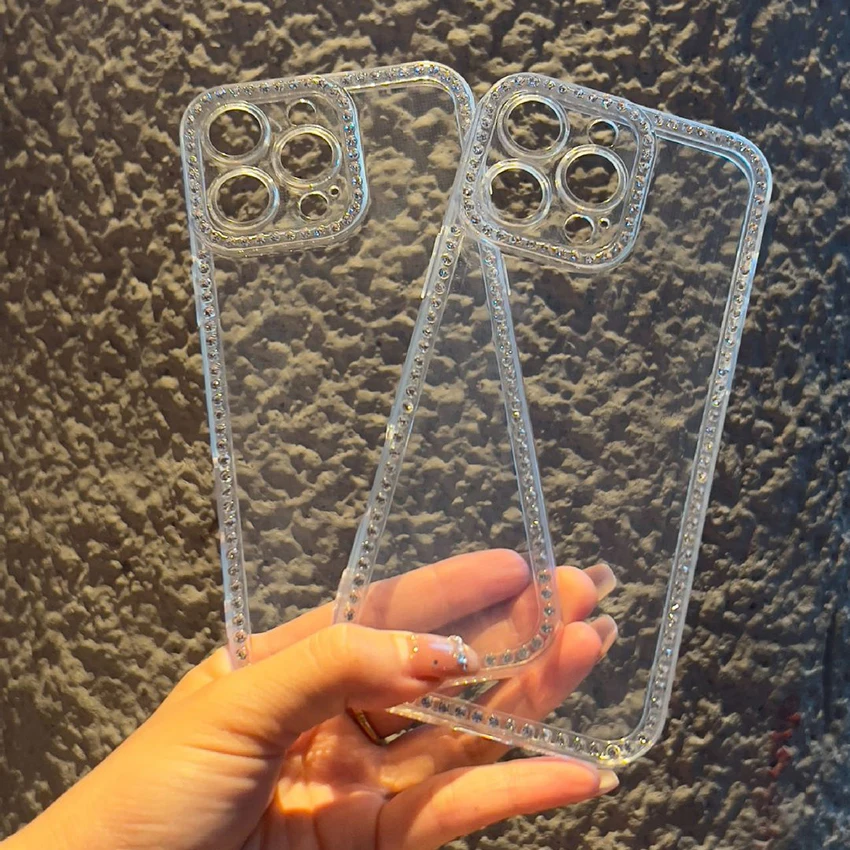 الحافة حجر الراين جراب هاتف آيفون 17 16 15 14 13 برو ماكس شفافة 15Pro 17Pro 16Pro جراب هاتف بولي يوريثان لينة 14 برو ماكس غطاء