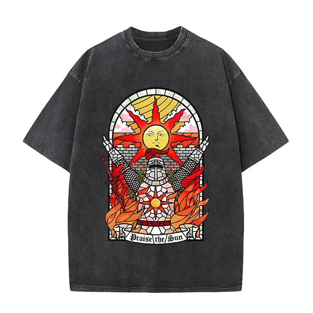 

Game Dark Souls Church of The Sun Washed Vintage T-shirt Praise The Sun T Shirts Men Women Retro Gothic Rock T-shirts Streetwear
