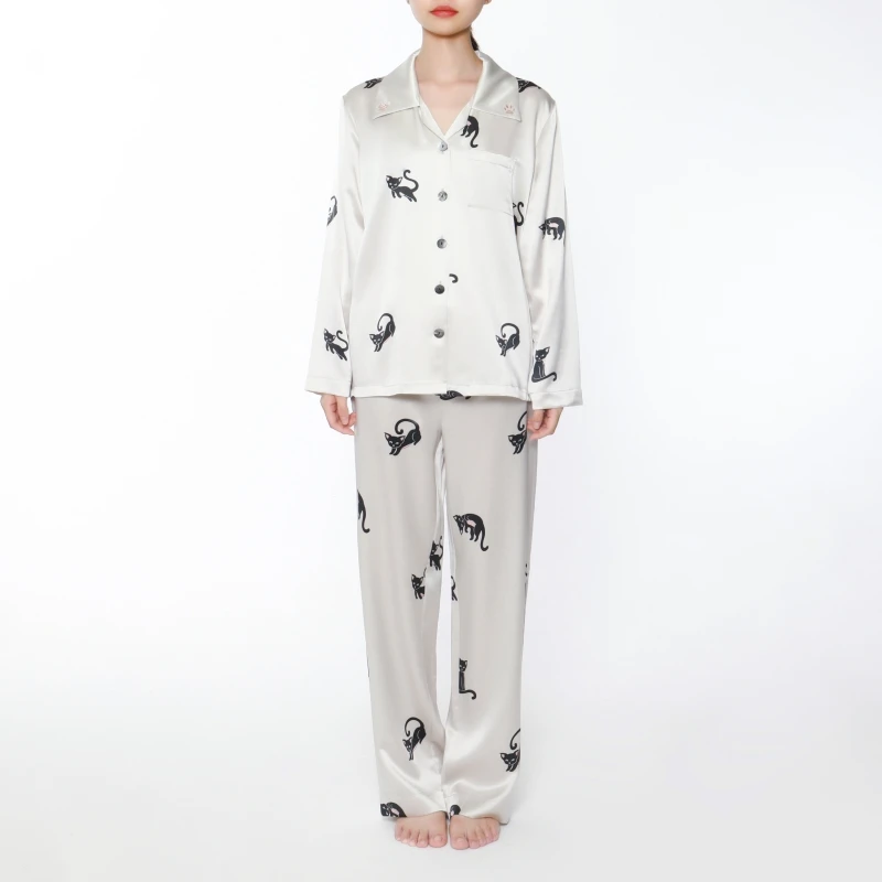 100 Mulberry Silk Long-sleeved Pajamas White Cat Print Pajamas Women 22MM Heavy Silk Satin Pajama Couple Sleepwear Birthday Gift