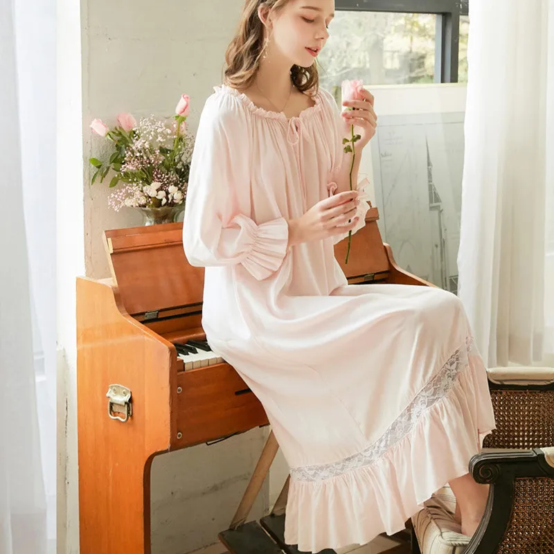 Long-Sleeve Nightdress Women\'s Spring Autumn Dress Palace Sweet Loose Home Clothes Cotton Nightgowns Female Sleepwear Dresses