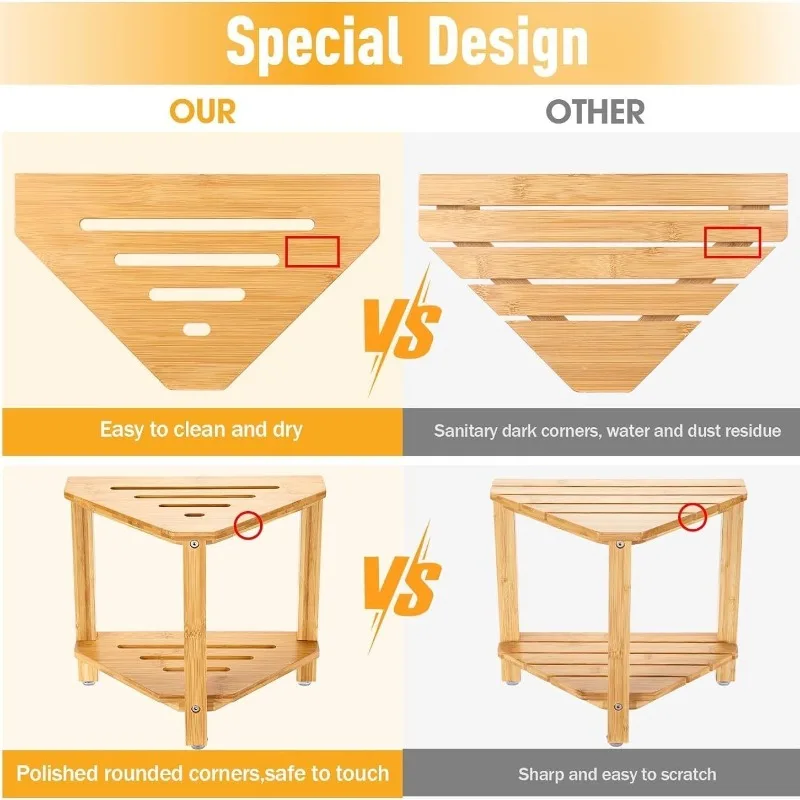 Bamboo Bathroom Stool – 2-Tier Shower Bench & Storage Shelf for Bathroom, Living Room & Entryway, Non-Slip Wooden Organizer image 4