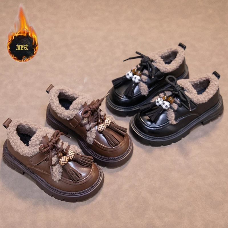 

2025 Children Kids Princess Shoes Fashion Style Leather Shoes Suede Warm Soft Sole Winter Girls Casual Shoes Round Toes Non-slip