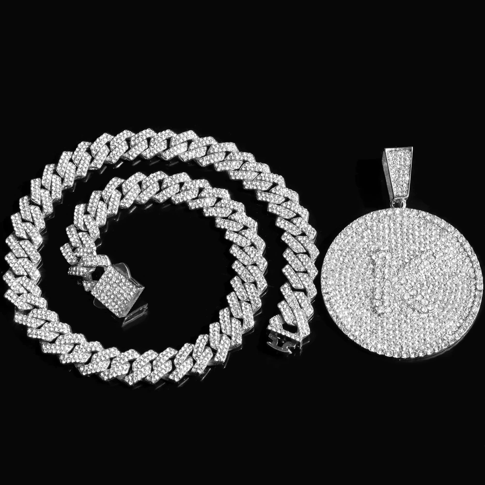 Iced Out Round Initial Pendant Necklace 14MM Rhombus Cuban Link Chain 26 Letters Chain Necklaces Women Men Hiphop Jewelry