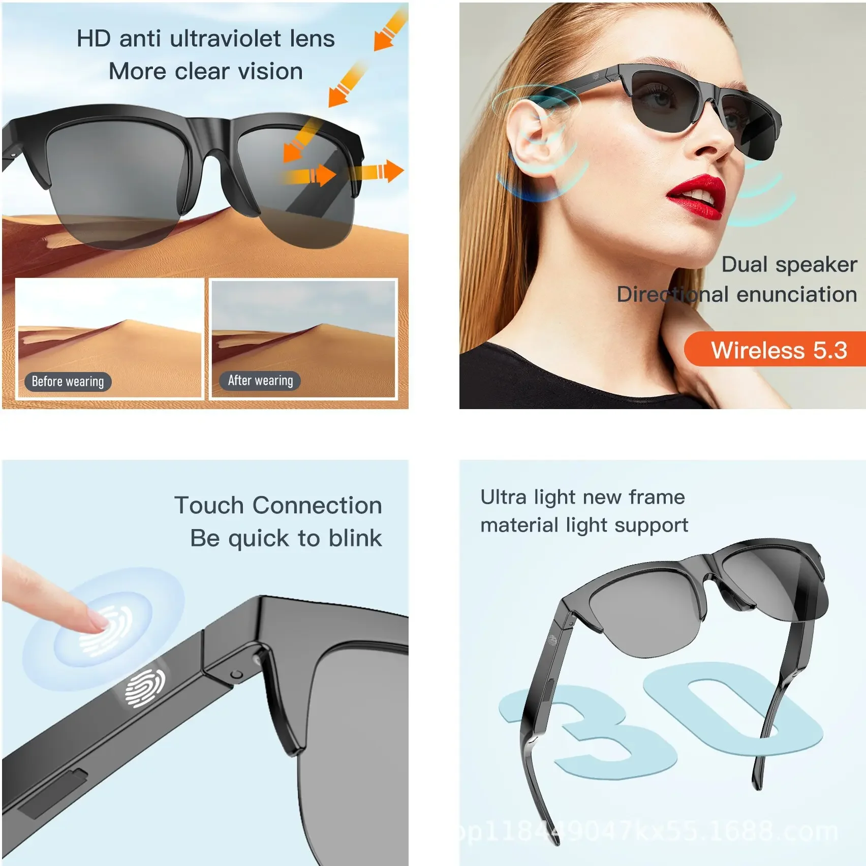 new Smart Bluetooth V5.3 Sunglasses Glasses Call Outdoor Sports Earphones HIFI Black Technology Anti-touch UV Men and Women