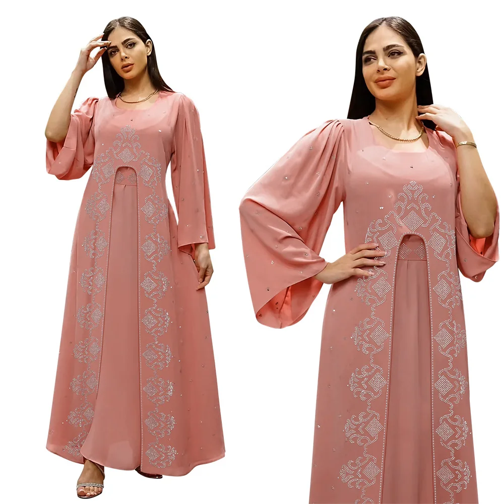 

UNI Muslim Abaya Sequins Party Dress for Women Arab Fake Piece Set Dress Robe Woman Elegant Ramadan Vestidos Abayas Eid Jalabiya