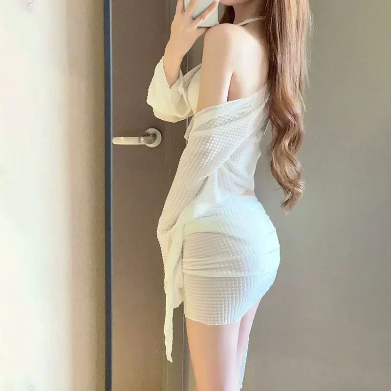 2024 White Korean Style Sweert Bikini Set High Waist Women Swimwear Two Piece Halter Swimsuit With Cardigan Cover Ups