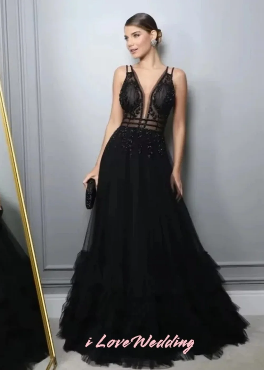 مثير السباغيتي حزام ألف خط فساتين السهرة السوداء الديكور الخامس الرقبة فستان الحفلة الراقصة المطرزة المتدرج فستان الحفلات مفتوح الظهر حسب الطلب #2