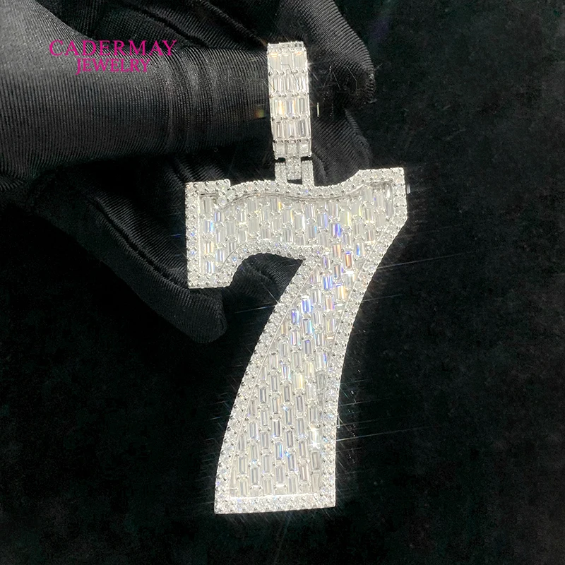 Hiphop Jewelry 925 Silver Iced Out VVS Moissanite Pendant Custom Made 2.5in 7 Number Pendant With 15mm Baguette Cuban Chain