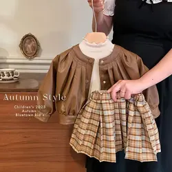 Girls Clothes Sets Spring Autumn PU Jacket +t-shirt +Tops + Skirts Outfits For Children Clothes Set Sweet Kids Clothing 3Pcs